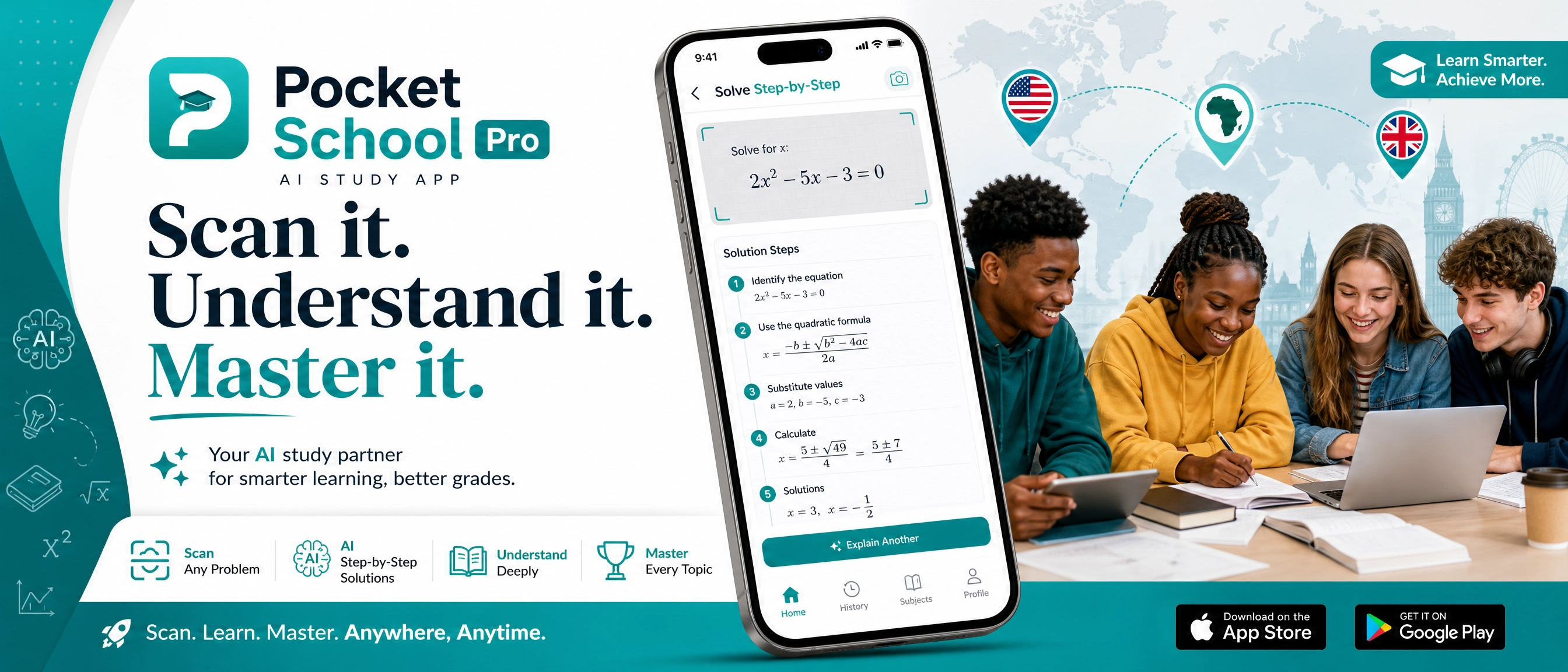 Pocket School Pro AI homework tutor app showing step-by-step solutions for international students