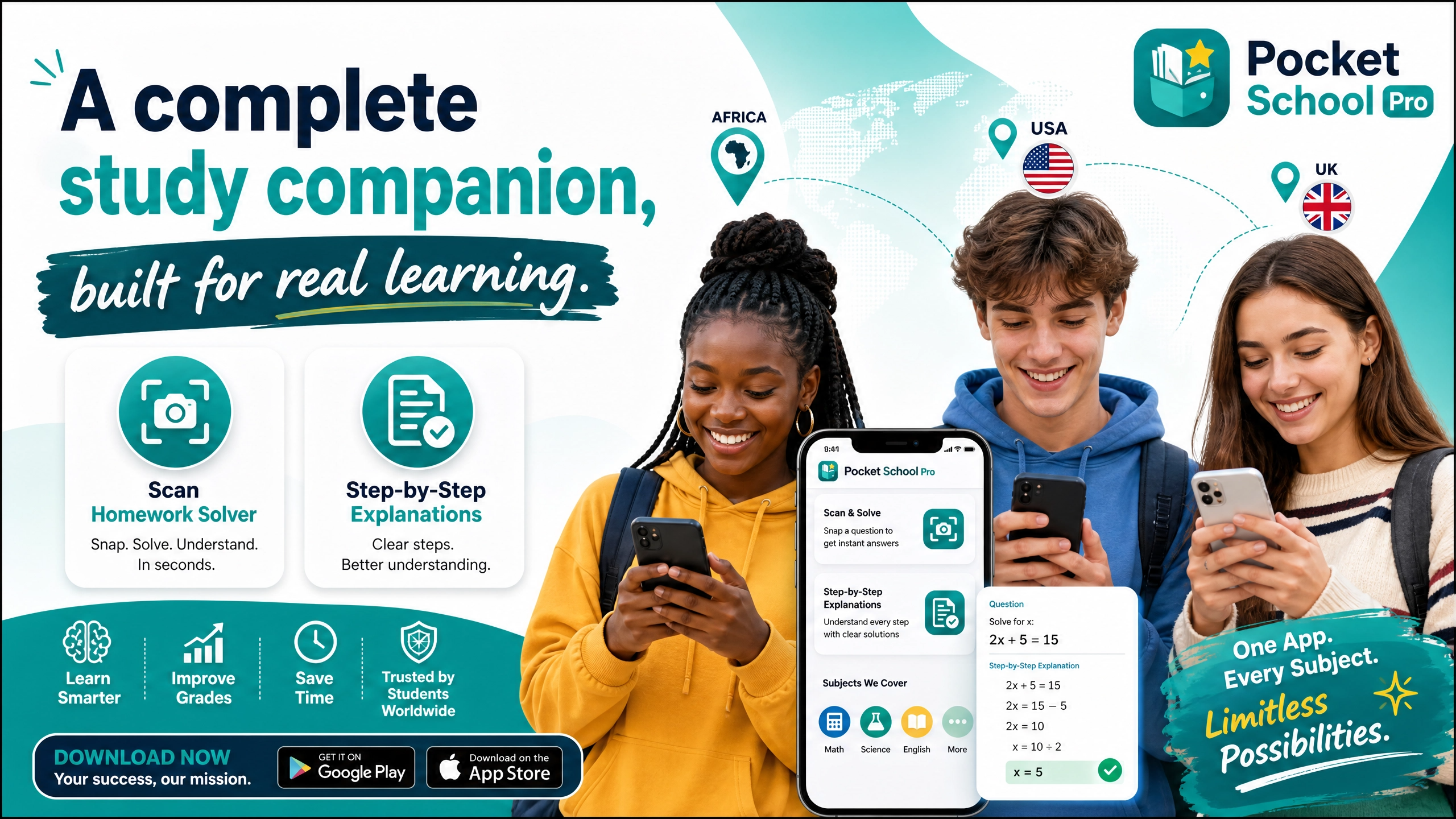 Pocket School Pro showing a step-by-step maths solution with working out