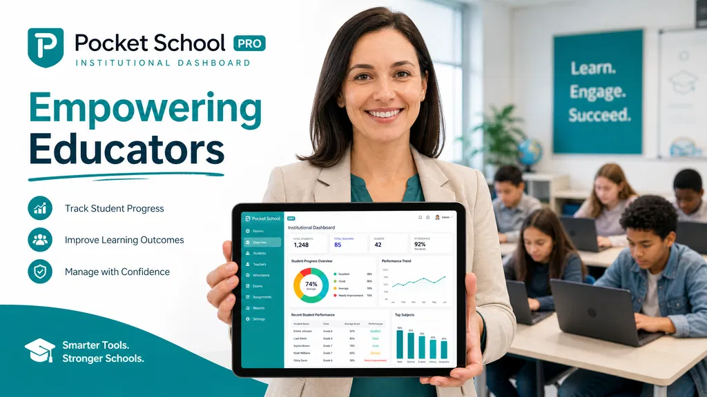 Pocket School Pro institutional dashboard for teachers showing student progress and analytics